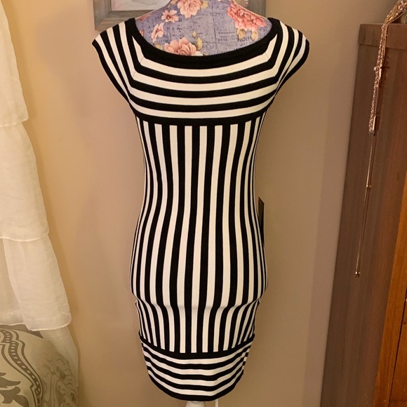 BEBE NWT Black & white striped stretchy mini dress - Picture 3 of 7